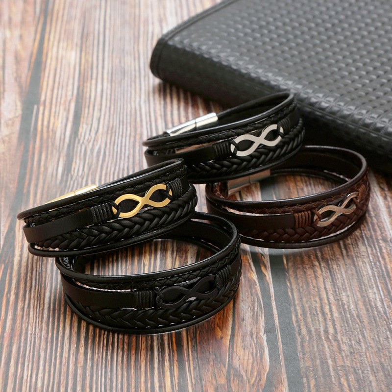 Cowhide Stainless Steel Men's 8-word Multi-layer Magnetic Buckle Bracelet