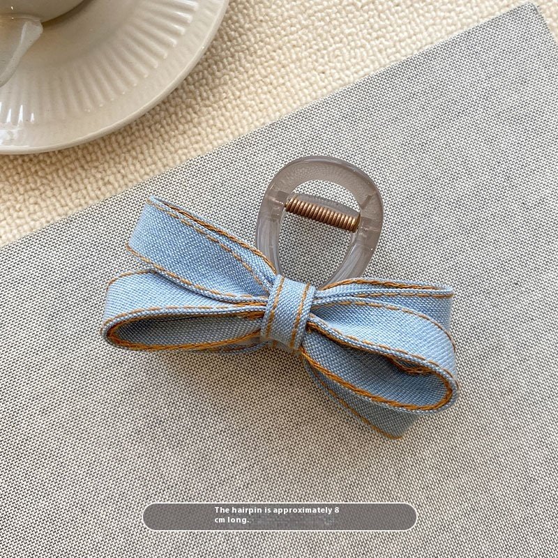 Back Head Blue Denim Bow Barrettes