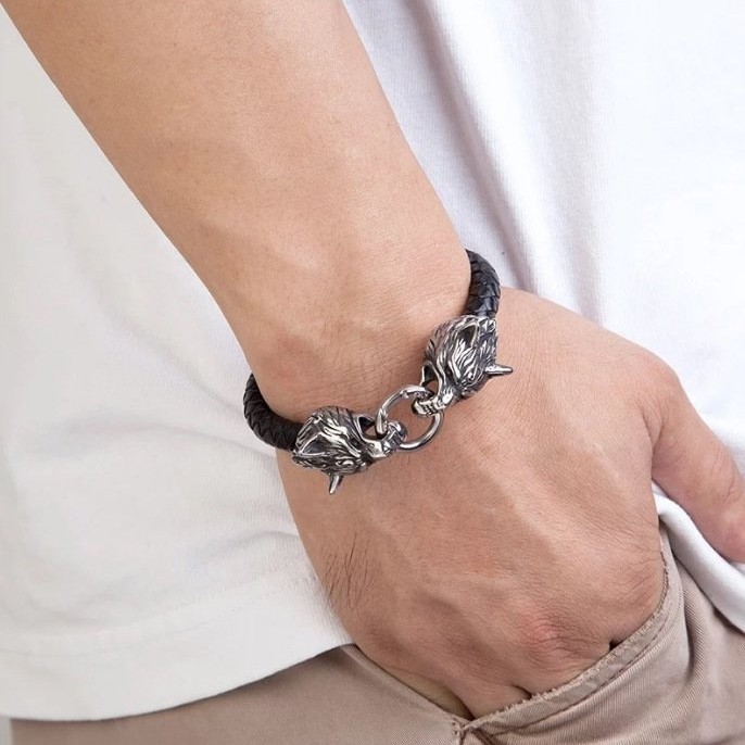 Titanium Steel Wolf Head Handmade Leather Cord Mens Bracelet