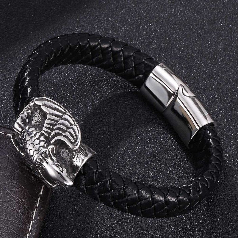 Stainless Steel Bold Leather Punk-Style Eagle Personalized Braided Leather Bracelet For Men