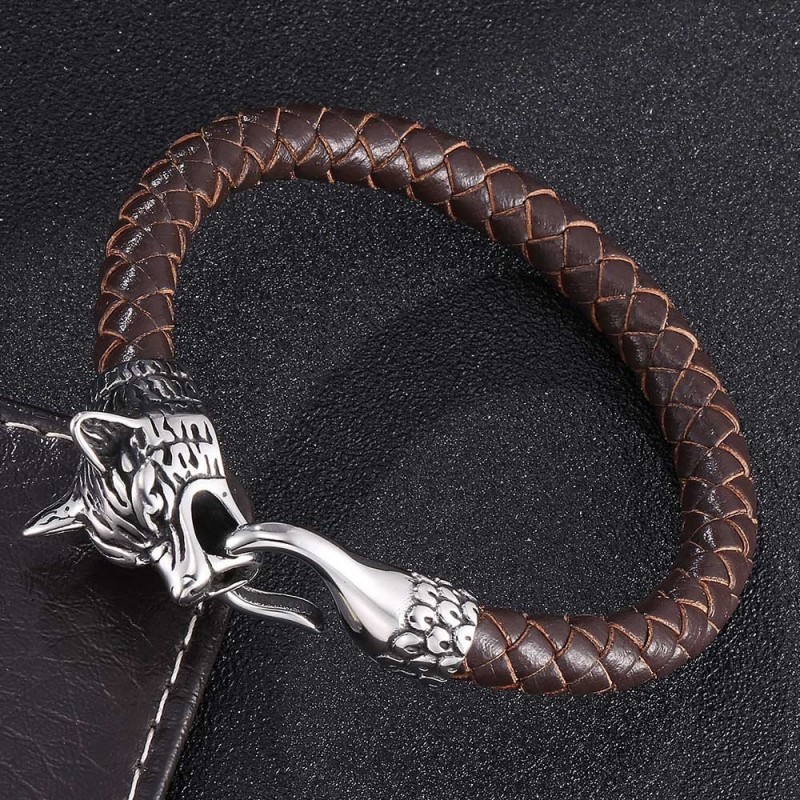 Fashionable Wolf Head Genuine Leather Braided Leather Cord Exquisite Bracelet