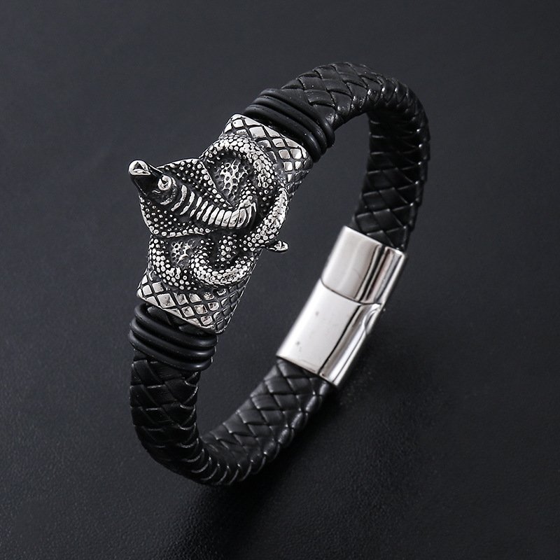 Stainless Steel Personalized Animal Mens Simple Magnetic-Clasp Leather Cord Bracelet
