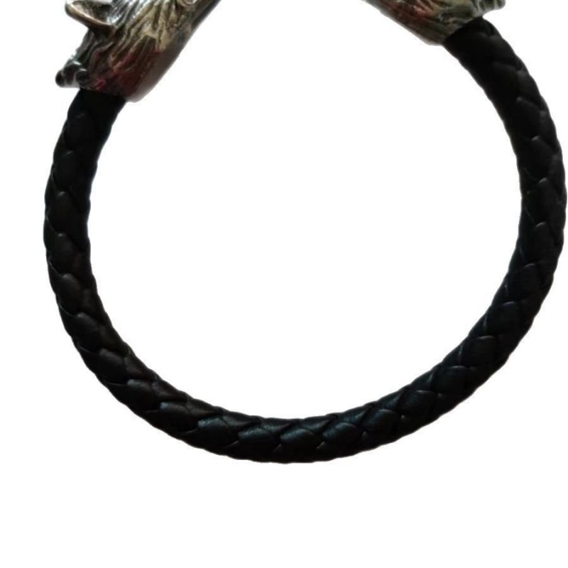Titanium Steel Wolf Head Handmade Leather Cord Mens Bracelet