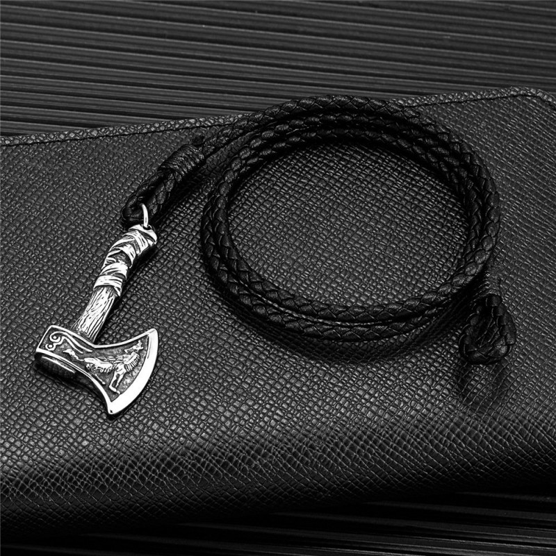Handwoven Double-Strand Leather Cord Stainless Steel Vintage Mens Bracelet