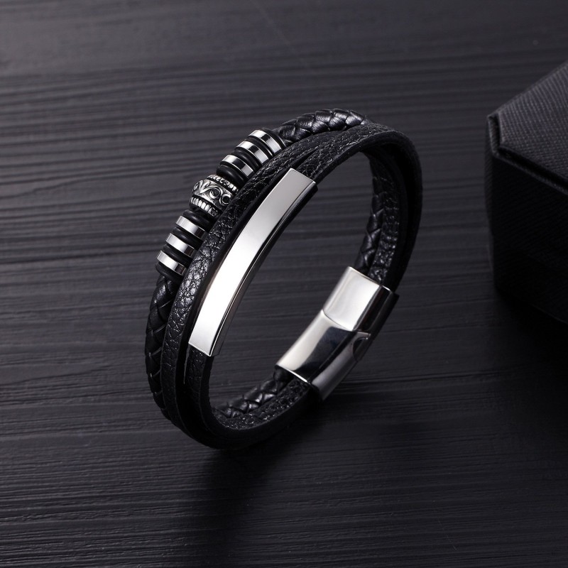 Cowhide Stainless Steel Men's 8-word Multi-layer Magnetic Buckle Bracelet