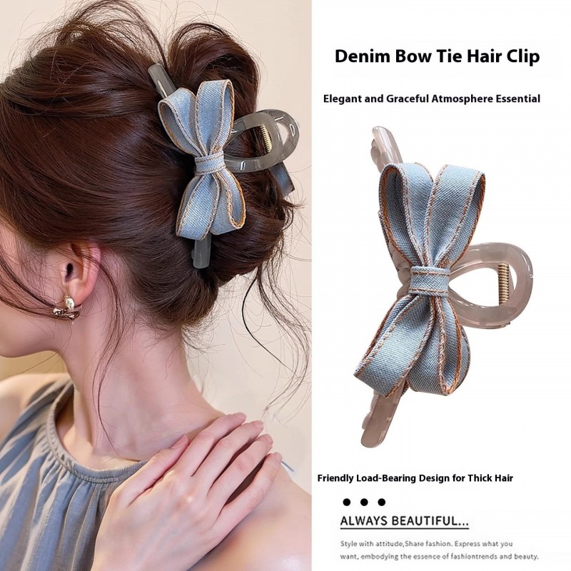 Back Head Blue Denim Bow Barrettes