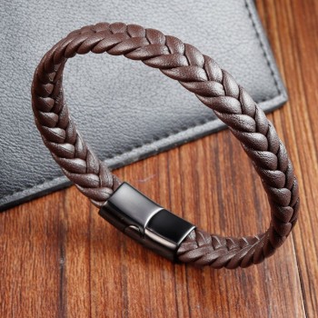 Black Leather Cord Cowhide Double-layer Stainless Steel