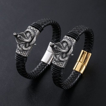 Stainless Steel Personalized Animal Mens Simple Magnetic-Clasp Leather Cord Bracelet