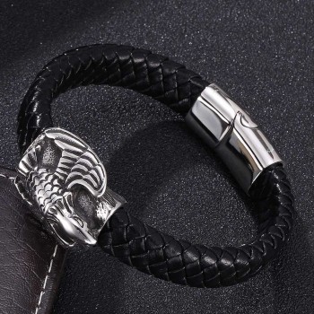 Stainless Steel Bold Leather Punk-Style Eagle Personalized Braided Leather Bracelet For Men