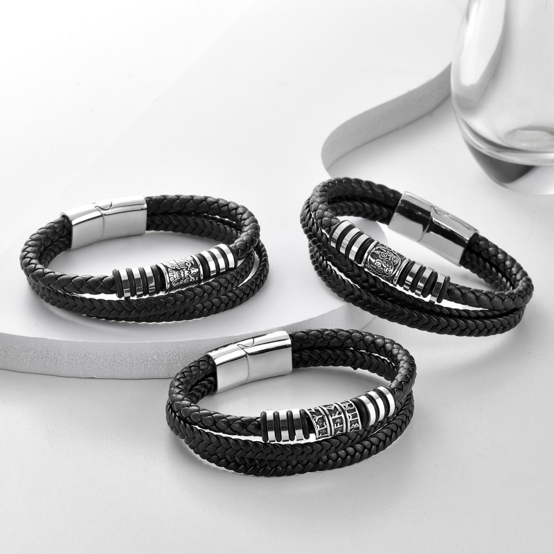 Stainless Steel Multi-Layer Leather Men's Bracelet
