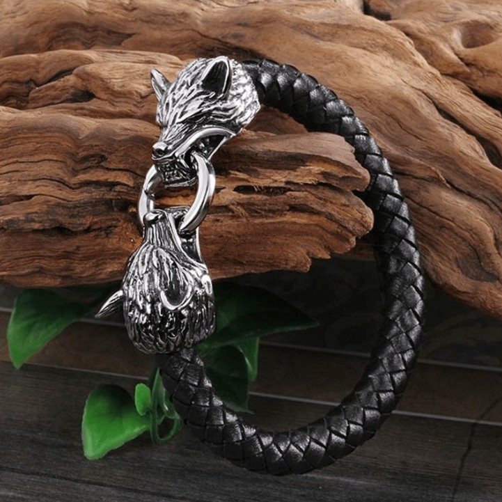 Titanium Steel Wolf Head Handmade Leather Cord Mens Bracelet