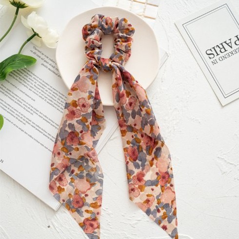 Long Ribbon Large Intestine Ring Headwear Women's Hair Tie Ponytail Bandeau Floral Hair Ring Simple