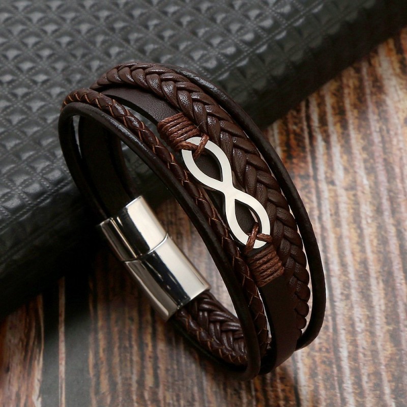 Cowhide Stainless Steel Men's 8-word Multi-layer Magnetic Buckle Bracelet