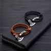 Handwoven Double-Strand Leather Cord Stainless Steel Vintage Mens Bracelet