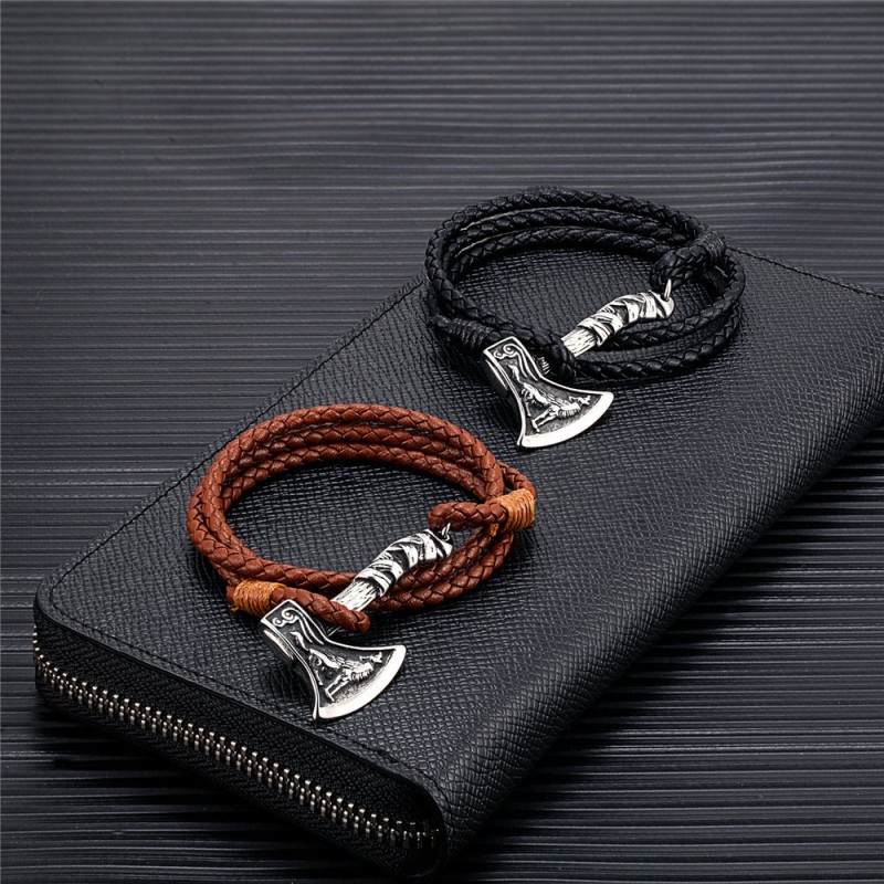 Handwoven Double-Strand Leather Cord Stainless Steel Vintage Mens Bracelet