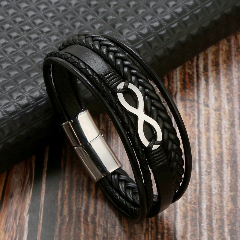 Cowhide Stainless Steel Men's 8-word Multi-layer Magnetic Buckle Bracelet