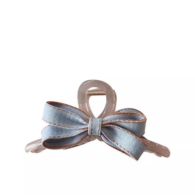 Back Head Blue Denim Bow Barrettes