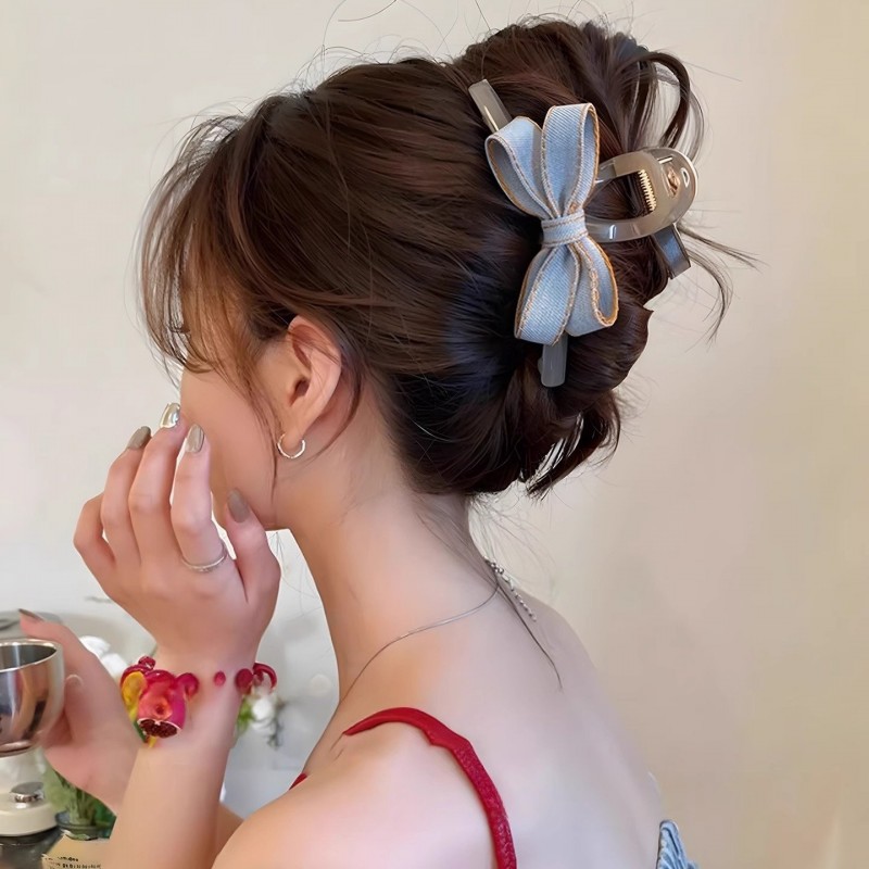 Back Head Blue Denim Bow Barrettes