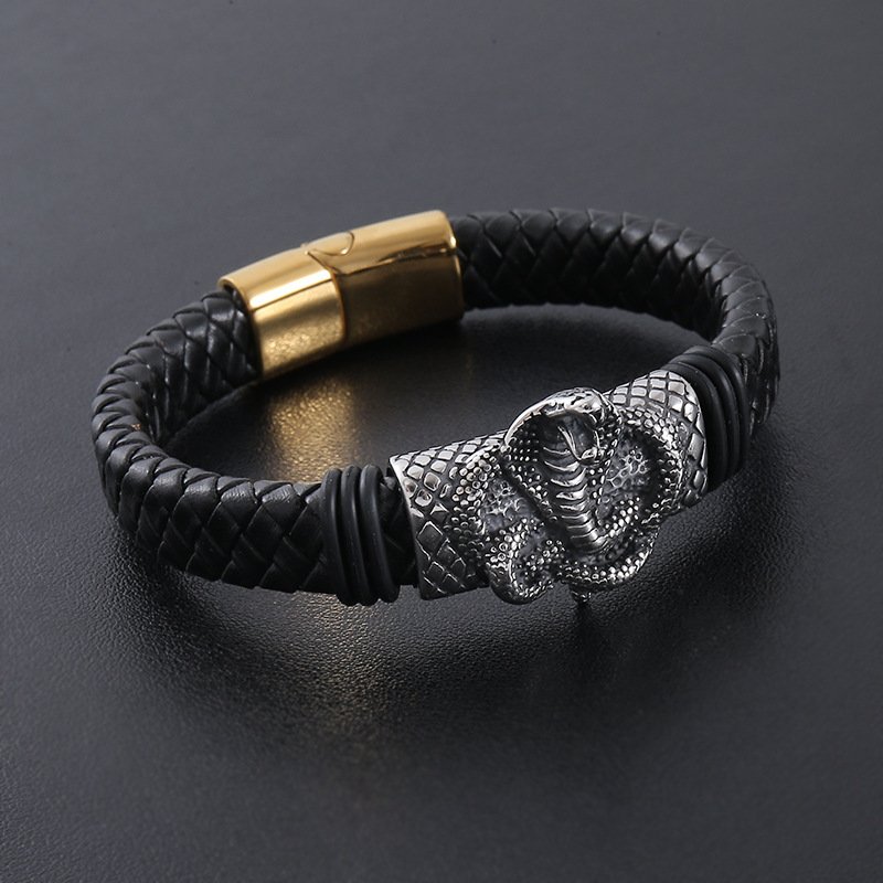 Stainless Steel Personalized Animal Mens Simple Magnetic-Clasp Leather Cord Bracelet