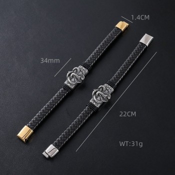 Stainless Steel Personalized Animal Mens Simple Magnetic-Clasp Leather Cord Bracelet