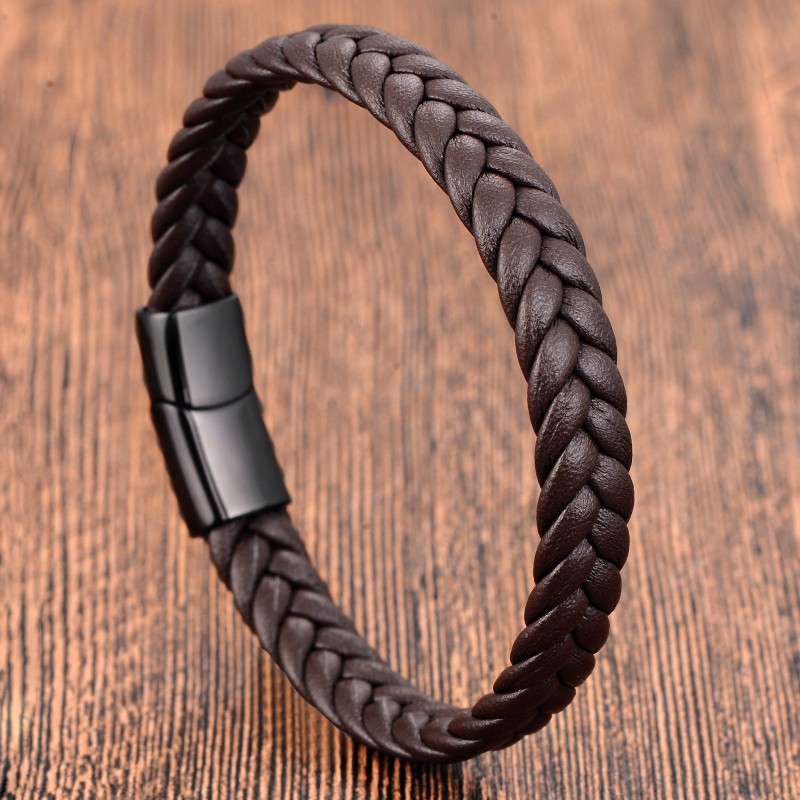 Black Leather Cord Cowhide Double-layer Stainless Steel