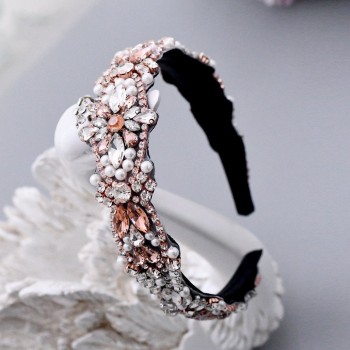 Solid Color Headband Headwear With Rose Gold Rhinestones Inlaid Stone Headband
