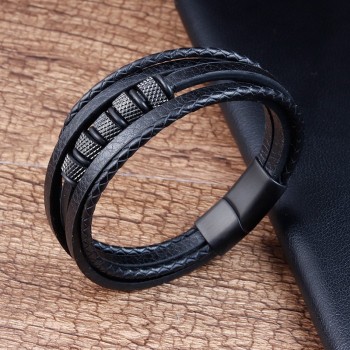Stainless Steel Leather Braided Bracelets Genuine Leather Multi-layer Men's Jewelry