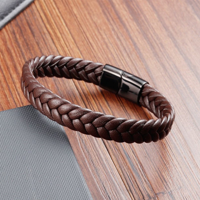 Black Leather Cord Cowhide Double-layer Stainless Steel
