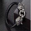 Titanium Steel Wolf Head Handmade Leather Cord Mens Bracelet