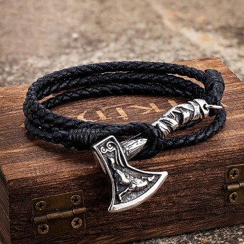 Handwoven Double-Strand Leather Cord Stainless Steel Vintage Mens Bracelet