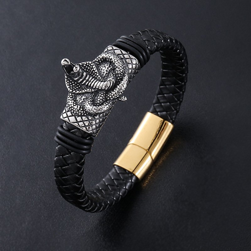 Stainless Steel Personalized Animal Mens Simple Magnetic-Clasp Leather Cord Bracelet