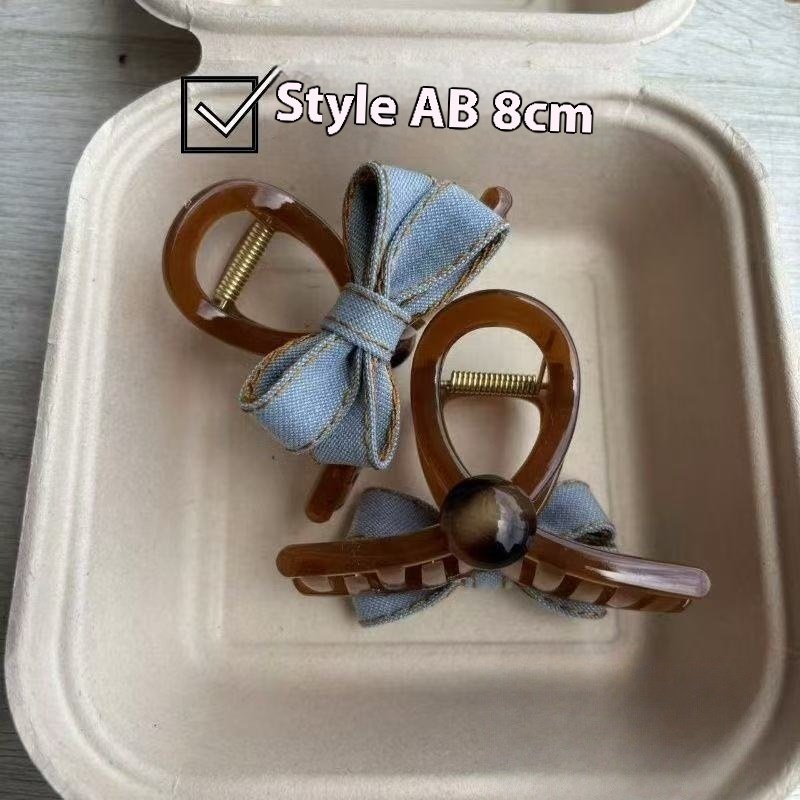 Back Head Blue Denim Bow Barrettes