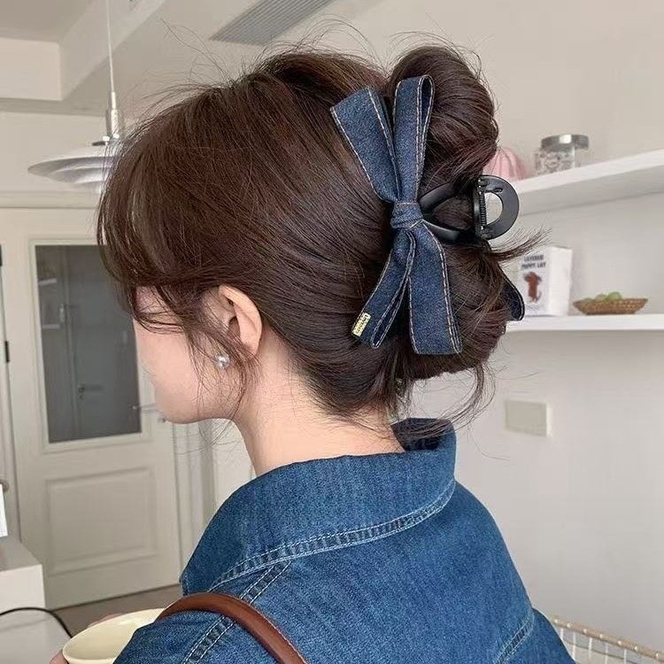 Back Head Blue Denim Bow Barrettes