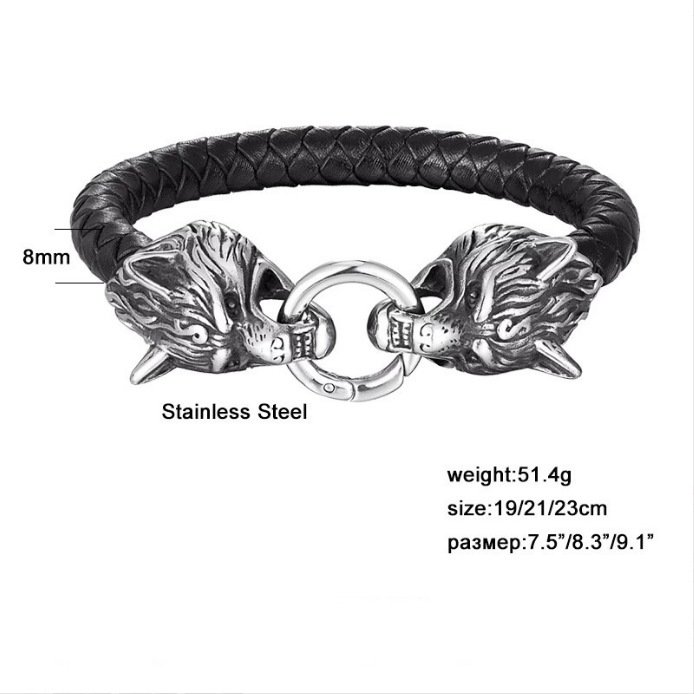 Titanium Steel Wolf Head Handmade Leather Cord Mens Bracelet