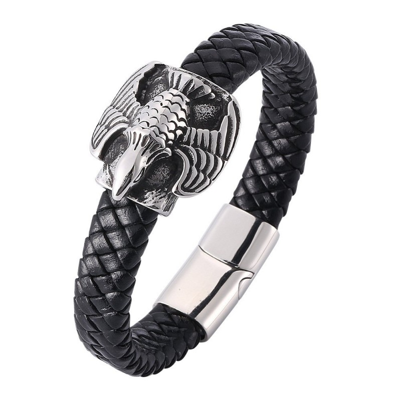 Stainless Steel Bold Leather Punk-Style Eagle Personalized Braided Leather Bracelet For Men