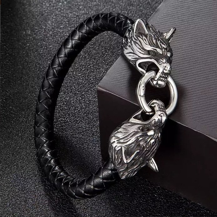 Titanium Steel Wolf Head Handmade Leather Cord Mens Bracelet