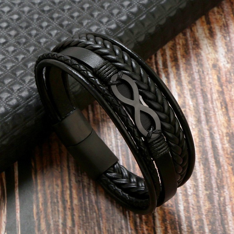 Cowhide Stainless Steel Men's 8-word Multi-layer Magnetic Buckle Bracelet