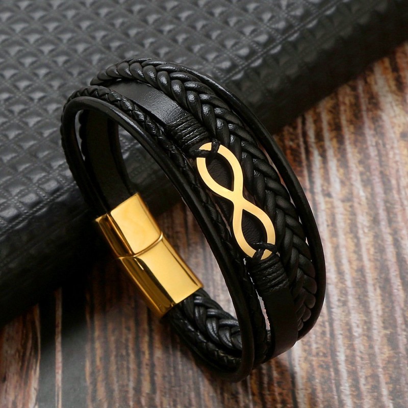 Cowhide Stainless Steel Men's 8-word Multi-layer Magnetic Buckle Bracelet