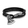 Handwoven Double-Strand Leather Cord Stainless Steel Vintage Mens Bracelet